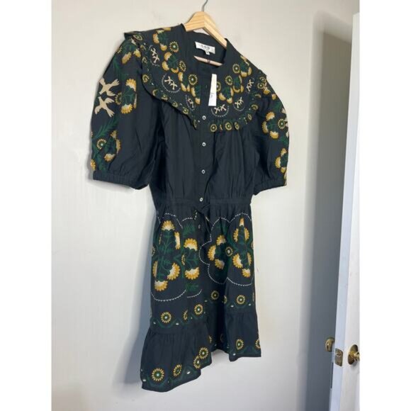 NWT Sea New York Tie Waist Perle Print Puff Sleeve Mini Dress Black Size: XL - Picture 3 of 7